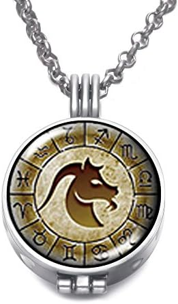 Vintage Constellation &amp; Zodiac Theme Locket Pendant Necklace Perfume Fragrance Essential Oil Aromatherapy Diffuser 80cm Length Chain Silver Plated DZ1824 (Capricorn)