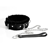 Choker Collar Leather Faux Fur Lined with leash - Halloween Costume Accessory -B