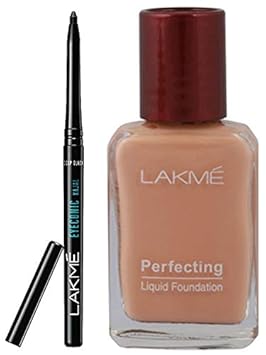 Lakme Eyeconic Kajal, Deep Black, 0.35g & Lakme Perfecting Liquid Foundation, Pearl, 27ml