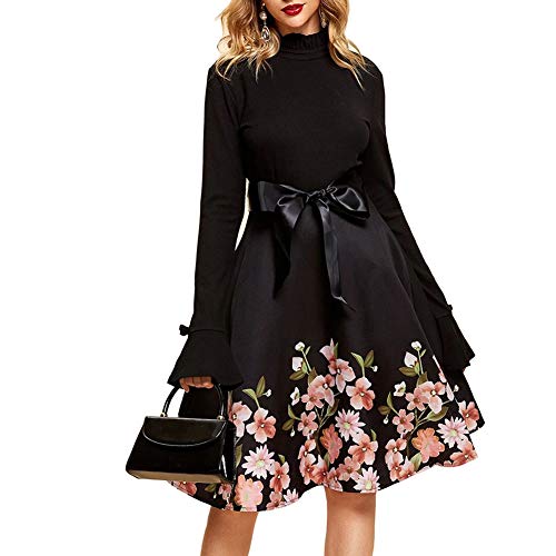 Matteobenni Women's Long Sleeve Dress - Casual Floral A-Line Party Swing Dresses Black