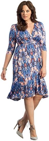 Kiyonna Women's Plus Size Flirty Flounce Wrap Dress 3X Peach Parisian Print