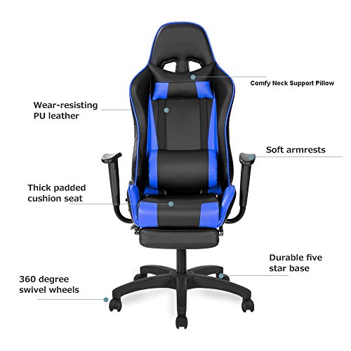 Gaming Chair Big and Tall 400lb Weight Capacity,JULYFOX Office Executive Chair Leather High Back Ergonomic 20 inch Extra Wide Lumbar Support Neck Pillow Upholstered Recliner Desk Chair Black and Blue - Thumbnail 6