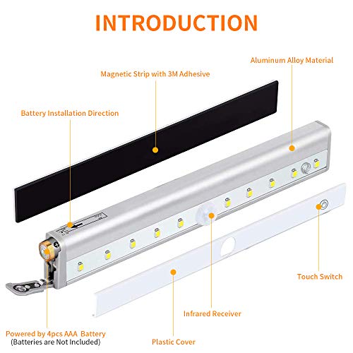 Remote Control Dimmable Cabinet Light, 10 LED Touch Control Kitchen Counter Light, Battery Operated Wireless Stick-on Closet Light, Corridor Sensor Night Light, RT3P, Silver (3 Pack) - Thumbnail 2