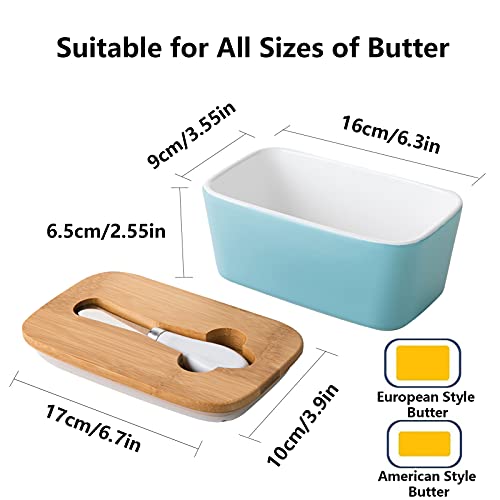 Porcelain Butter Dish with Knife & Wooden Lid, Henten Home Airtight Butter Keeper for Countertop, Large Butter Holder for East West Coast Butter(Matte Black)
