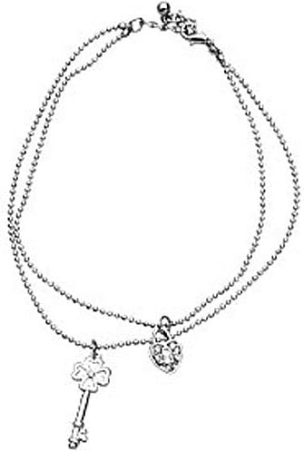 Heart and Key Anklet in Rhodium Finish Featuring Clear Crystals