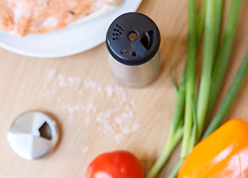 Pepper Shaker or Salt Shaker with Adjustable Pour Holes - Elegant Stainless Steel Spice Dispenser - Perfect for Himalayan, Table Salt, White and Black Pepper
