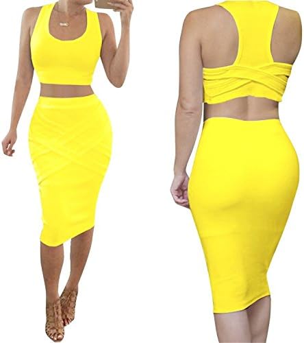 Sicong2 Natural and Graceful Womens Crop Top Midi Sexy Outfit Two Pieces Bodycon Bandage Dresses YellowLarge Attractive