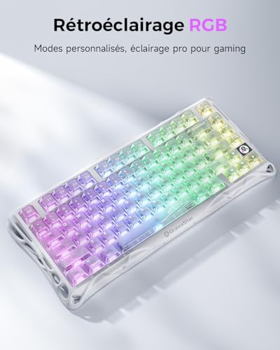 GravaStar Mercury K1 Lite Mechanical Gaming Keyboard with BT5.0/2.4G/Type-C, 75% Gasket RGB Backlit Gamer Keyboard, Pre-Lubricated Linear Switches, QWERTY (Crystal Aurora)