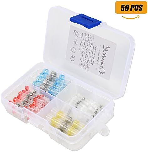 50PCS Solder Seal Wire Connector, Camtek Heat Shrink Butt Connectors Electrical Wire Terminals Insulated Waterproof Marine Automotive Electrical Connectors