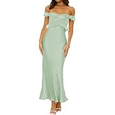 Satin Off The Shoulder Sleeveless Lace Trim Maxi Dress 2025 Summer Elegant Formal Bridesmaid Dresses for Women Wedding Guest