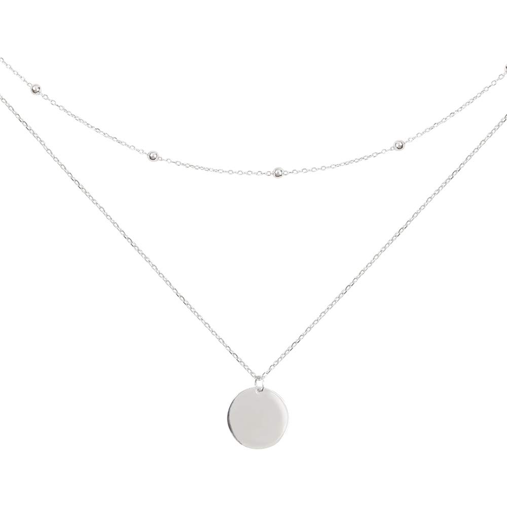 Layered Disc Pendant Choker Necklace for Women Girls 925 Sterling Silver 18K White Gold Dainty Full Moon Circle Coin Collar Two-Double Chain Dainty Stylish Fashion Y Jewelry Gifts Box Birthday Wedding