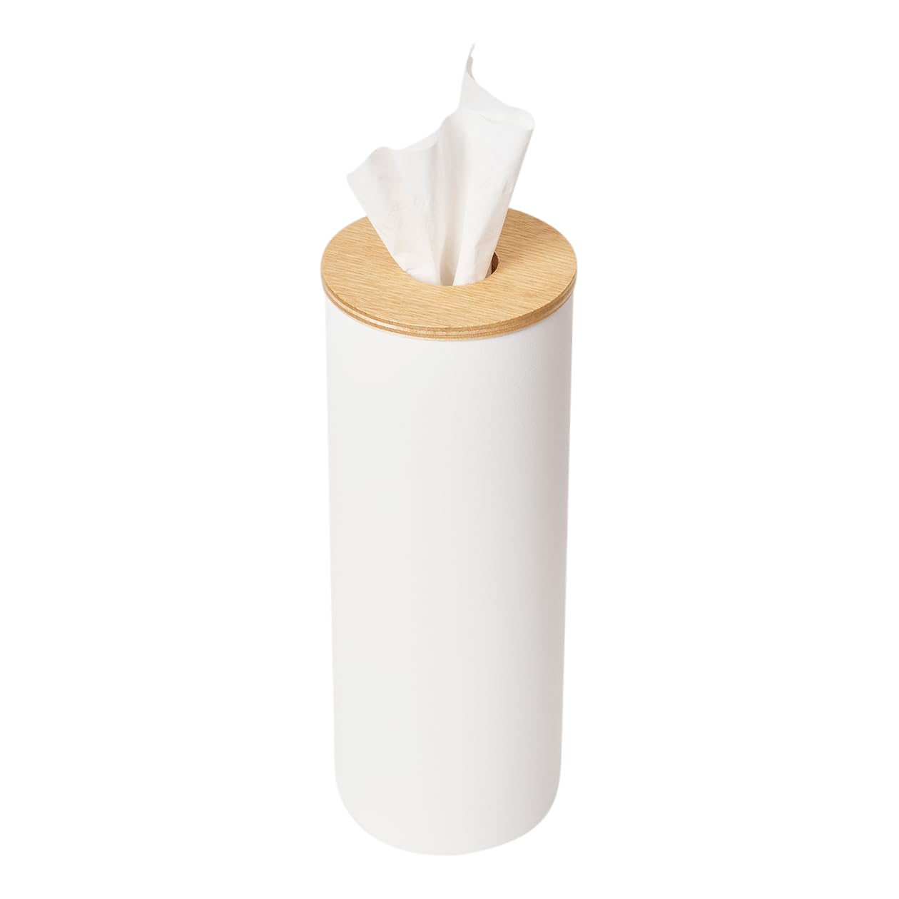 Yamazaki 5982 RIN Round Tissue Case L, white, Steel/Wood/Silicone, Minimalist, 9.2 x 9.2 x 23.8 cm