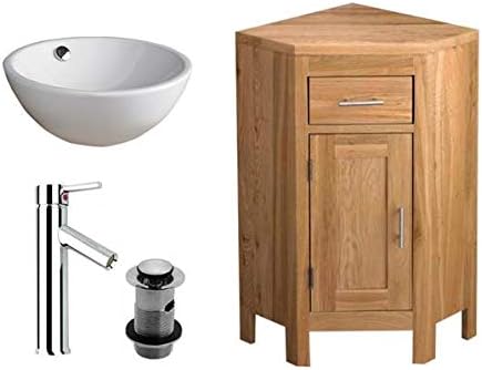 Clickbasin Solid Oak Corner Bathroom Cloakroom Vanity Cabinet In Natural Oak With Round White Ceramic Basin Chrome Tap And Pop Up Waste Set Amazon Co Uk Kitchen Home