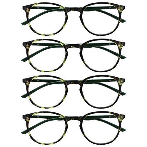 OPULIZE Met Lunettes de Lecture Pack de 4 Montures Rondes et Minces Charnières à Ressort Anti-Rayures Écailles de Tortue Vert Hommes Femmes RRRR60-6 +1.00