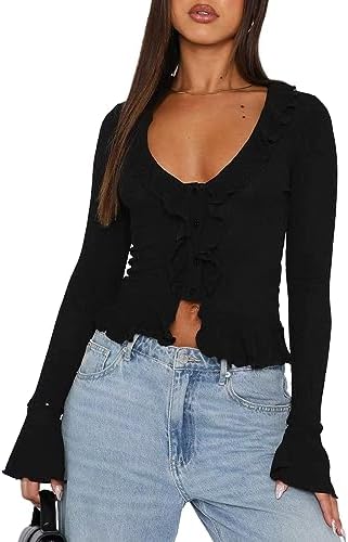 Amazon.com: Women's Deep V Neck Long Bell Sleeve Ruffle Trim Hem