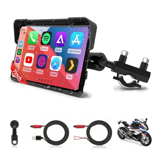 Jansite 7 Inch Carplay Moto with 2 Power Methods, Android Auto GPS Navigator with Waterproof Motorcycle Screen 2.5D IPS, Bluetooth Dual Siri/G-oogle Assistant