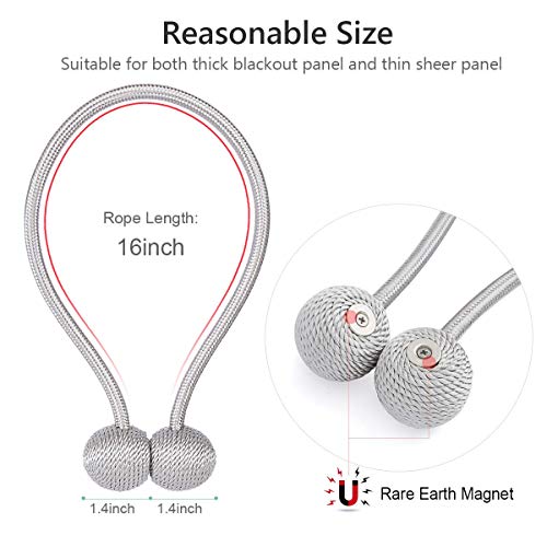 SPLF Magnetic Curtain Tiebacks with Unique Wooden Balls, 2 Pack Decorative Drapery Holdbacks Rope Holder for Home Kitchen Office Window Sheer Blackout Drapes, Silver-Gray
