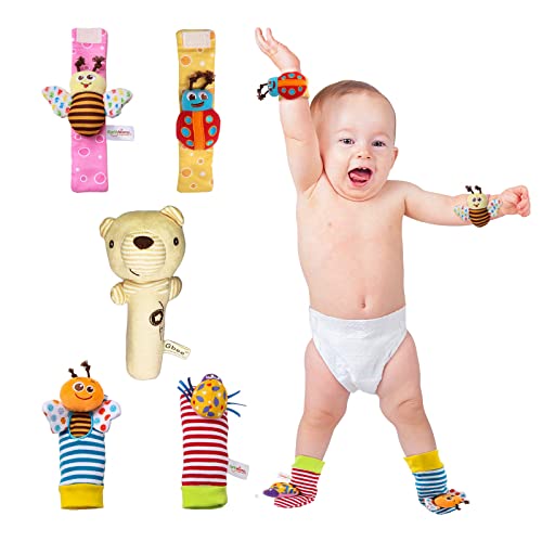 PHREKUDA Sock & Wrist Rattles Toy Set for Babies, Plush Stuffed Rattles