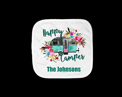 Happy Camper Oven Mitt Pot Holder Towel Gift Set Personalized, Gifts for Mom, Housewarming Gift, Hostess Gift, Wedding, Custom Kitchen Set - Thumbnail 2