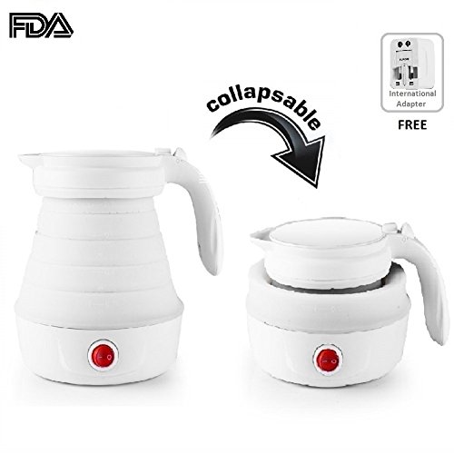 Foldable Electric Kettle - Food Grade Silicone Portable Travel Kettle with Dual Voltage, Fast Boiling, Boil Dry Protection and Convenient Storage Electric Tea Kettle 0.8L, 110-240V, White