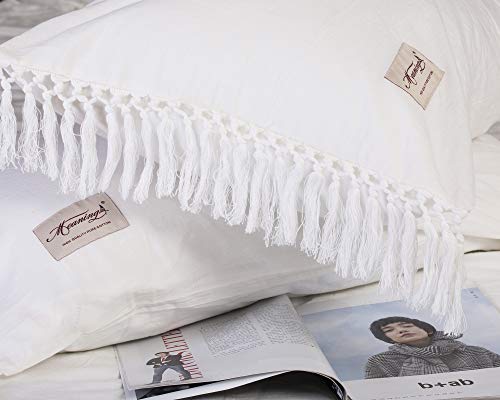 Meaning4 Ivory Pillow Covers Cases Shams Off White Pure Cotton Slips with Tassels Boho King Size 2 Pieces Solid - Thumbnail 2