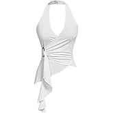 Milumia Women Sexy V Neck Halter Top Asymmetrical Hem Tie Backless Going Out Y2k Tank Tops