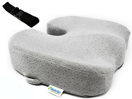 Trusted Seat Cushion | Won't Flatten High-Density Orthopedic Memory Foam | Bonus Removable Straps | Car, Office, Home, Travel | Pain Relief for Sciatica, Back, Tailbone, Pregnancy, & More