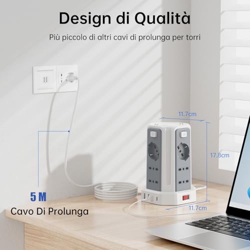 Power Strip 5 m with 12 Universal Sockets 10/16A ITA and Schuko and 3 USB A+1 USB C Overvoltage Protection with 4 Independent Switches, White