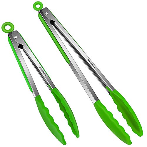 KaraMona Set Of 2 Kitchen 9, 12 Inch, Premium BPA Free Non Stick, Heat Resistant Cooking Tongs With Silicone Tips For BBQ, Salads, KitchenTongs, GreenKitchenTongs