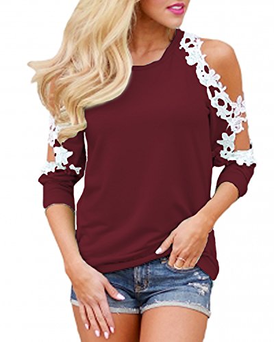StyleDome Women's Off Shoulder Blouse Shirts Crechet Lace Long Sleeve Casual Round Neck Tee Tops Wine Red L