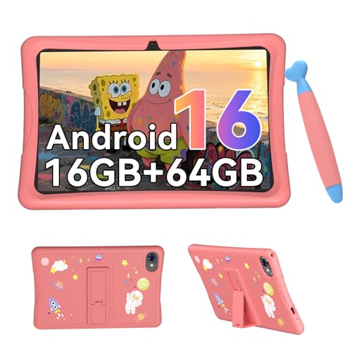 10 Inch Children's Tablet, Android 16 Tablet for Children 3-12 Years, 16GB RAM(4+12) + 64GB ROM, Parent Control, GMS, 5000mAh, WiFi6, WidevineL1, with Anti-Drop Case and Pen, 4 Year Warranty