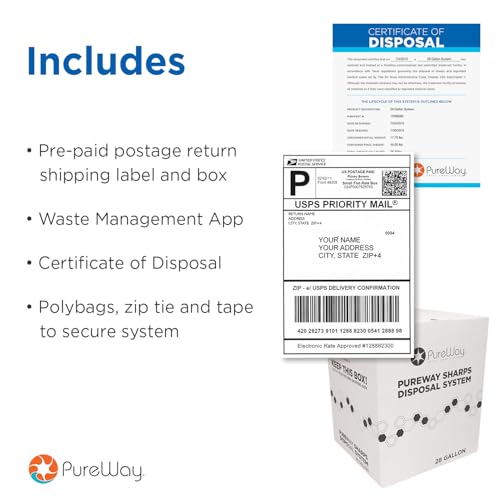 PureWay 1.4 Quart MailBack Sharps Disposal Container – Secure Needle Box for Safe Medical Waste & Used Syringe Disposal | Sharps Container for Home Use, Travel, Clinics, and Professional Settings