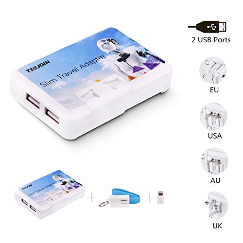 TEEJOIN Universal Adapter, Super Slim Worldwide All-in-On Wall Travel Plug, Wall Charger with Dual USB Ports for USA EU UK Autralia China Plugs White