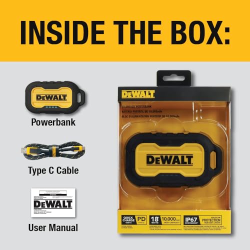 DEWALT Cargador portátil, Power Bank, batería de 10.000 mAh con Puerto USB-C para iPhone 15/15 Plus/15 Pro/15 Pro MAX, iPhone 14/13, Samsung Galaxy.