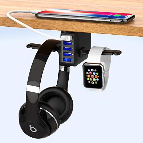 Headphone Stand with USB Charger,Yostyle Under Desk Headset Hook Holder Hanger Mount with 5 USB Port Quick Charging Station(8A/40W),iWatch Charging Dock for PC Gaming Headsets Accessories,UL Tested
