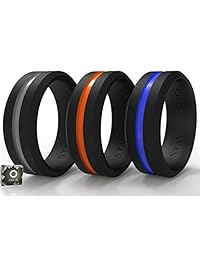 Arua - Alianzas de silicona para él Paquete de 3 unidades. Anillos para hombre diseñados para deportistas, trabajadores y tipos activos. Gris, Naranja, Azul Línea Media Delgada. Caja de regalo incluida.