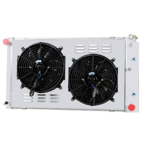OzCoolingParts 4 Row Core Aluminum Radiator + 2 x 12" Fan w/Shroud(Cover) + Thermostat Kit for 1960-1990 61 62 65 66 87 88 89 Chevy Chevelle El Camino Truck Buick Cadillac Oldsmobile Pontiac and More