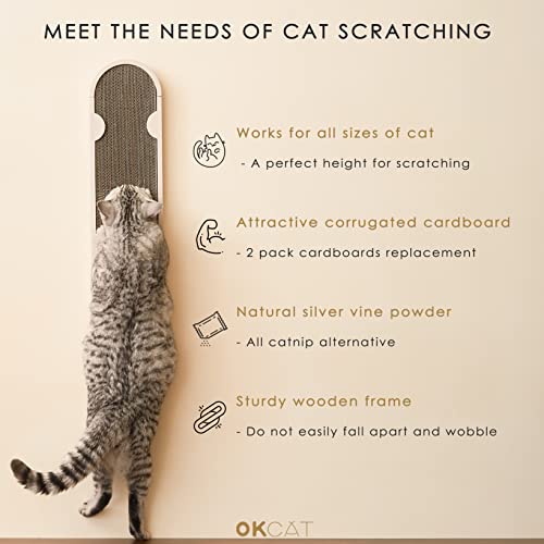 Cat Scratching Post Include No Drilling Wall Mount Way, OKCAT Wooden Wall Mounted Cat Scratcher, 2 Pack Replaceable Floor or Wall Cat Scratchers for Indoor Cats or Kittens (24 x 6 Inches)