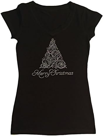 Womens Fashion T-Shirt with Merry Christmas Tree in Crystal and Pearl Rhinestones