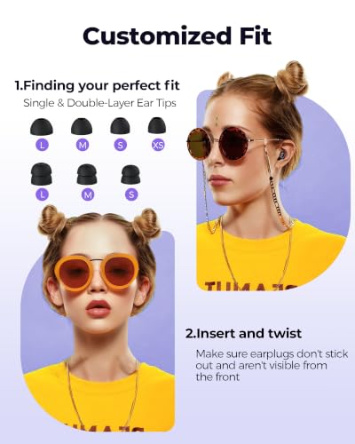 55dB Noise Reduction Ear Plugs for Sleeping, Reusable Noise Cancelling Earplugs for Snoring, Side Sleepers & Travel, Soft Silicone Hearing Protection for Concerts, Studying, Work, Airplane, 7 Ear Tips