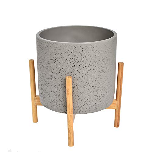 NCYP Gray Cement Planter Pot Bamboo Stand Set Modern Indoor Round Concrete Container Holder Flower Plants Cactus Succulents Areca Palm Fiddle-Leaf Fig