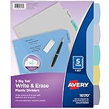 Avery 5-Tab Plastic Binder Dividers, Write & Erase Multicolor Big Tabs, 1 Set (16170)