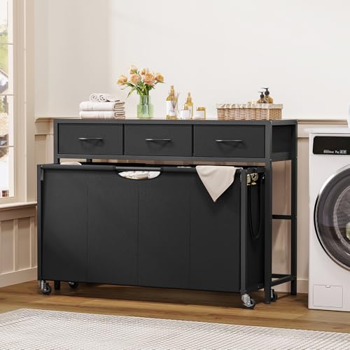 Large Laundry Sorter, 300L Rolling Laundry Hamper with 4 Section Pull-Out Bags, Laundry Basket with 3 Drawers, Laundry Hamper with Wheels, Laundry Room Organization for Bathroom Bedroom, Rustic Brown
