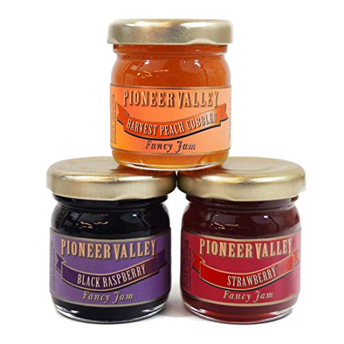 Pioneer Valley Gourmet Mini Jam Sampler Variety 3 Pack 1.5oz Each - Black Raspberry, Harvest Peach Cobbler, Strawberry