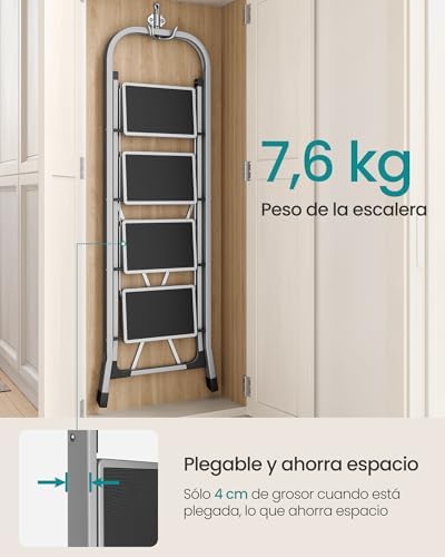 Escada de degraus, escada com 4 degraus, degrau dobrável, fechadura de segurança, fácil de arrumar, carga até 150 kg, Dove Gray GSL004G01