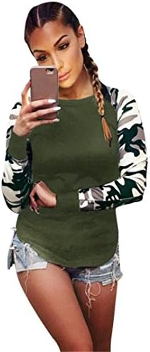 Women Sweatshirt, Heyl Camouflage Color Patchwork Long Sleeves Side Split Slim Top Blouse Pullover (L, Green)