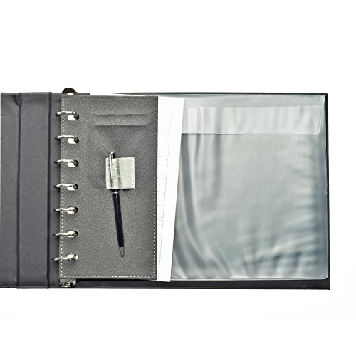 Business Check Binder for 3 On A Page Checks - 7 Ring Executive Binder with Stationary Storage Pouch, Calendar, Pen and Card Holders, Grey