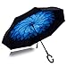 Double Layer Wind Proof,UV Proof Reverse Folding Inverted Umbrella Travel Umbrella with C Shape Handle and Carrying Bag-Blue Daisy
