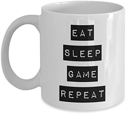 Funny Gamers Mug 11oz White Ceramic Gaming Mug for Coffee Tea Water with Unique Quote Eat Sleep Game Repeat - Cool Gift Idea for Gamer Boy Girl Game Lovers Brother Sister Friend Boyfriend Girlfriend
