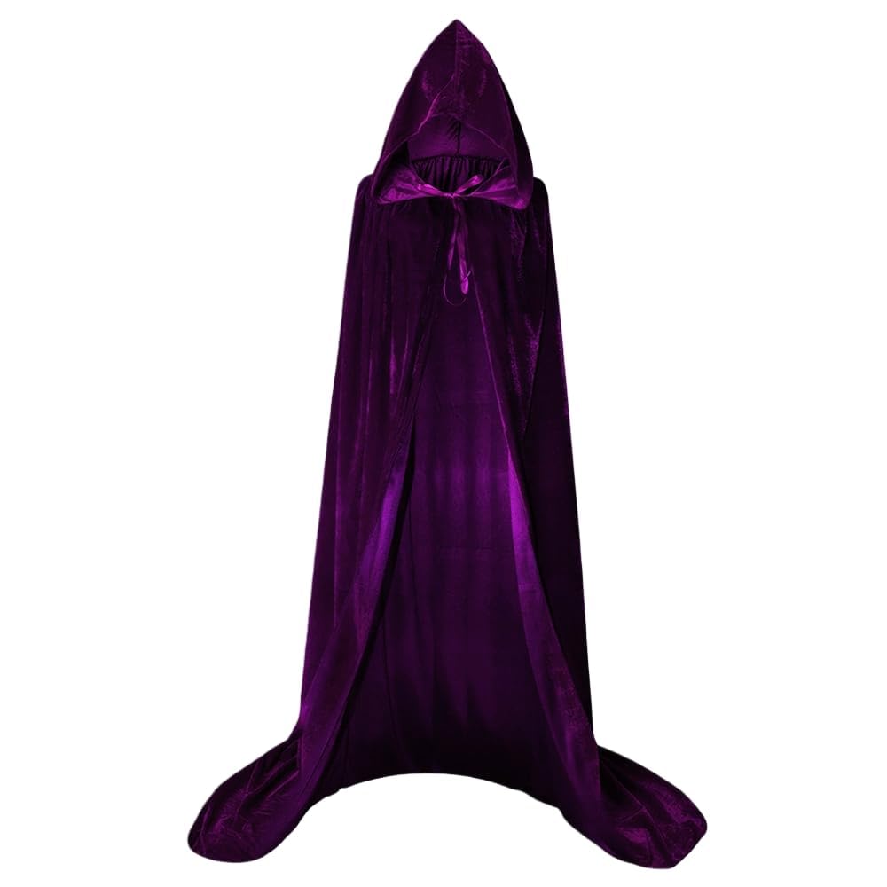 JIAHG Halloween Velvet Hooded Cape Full Length Witch Wizard Capes Costume Outfit Gothic Vampire Devil Knight Cloak with Hood Fancy Dress Purple Cosplay Long Robe for Men Women (Purple)